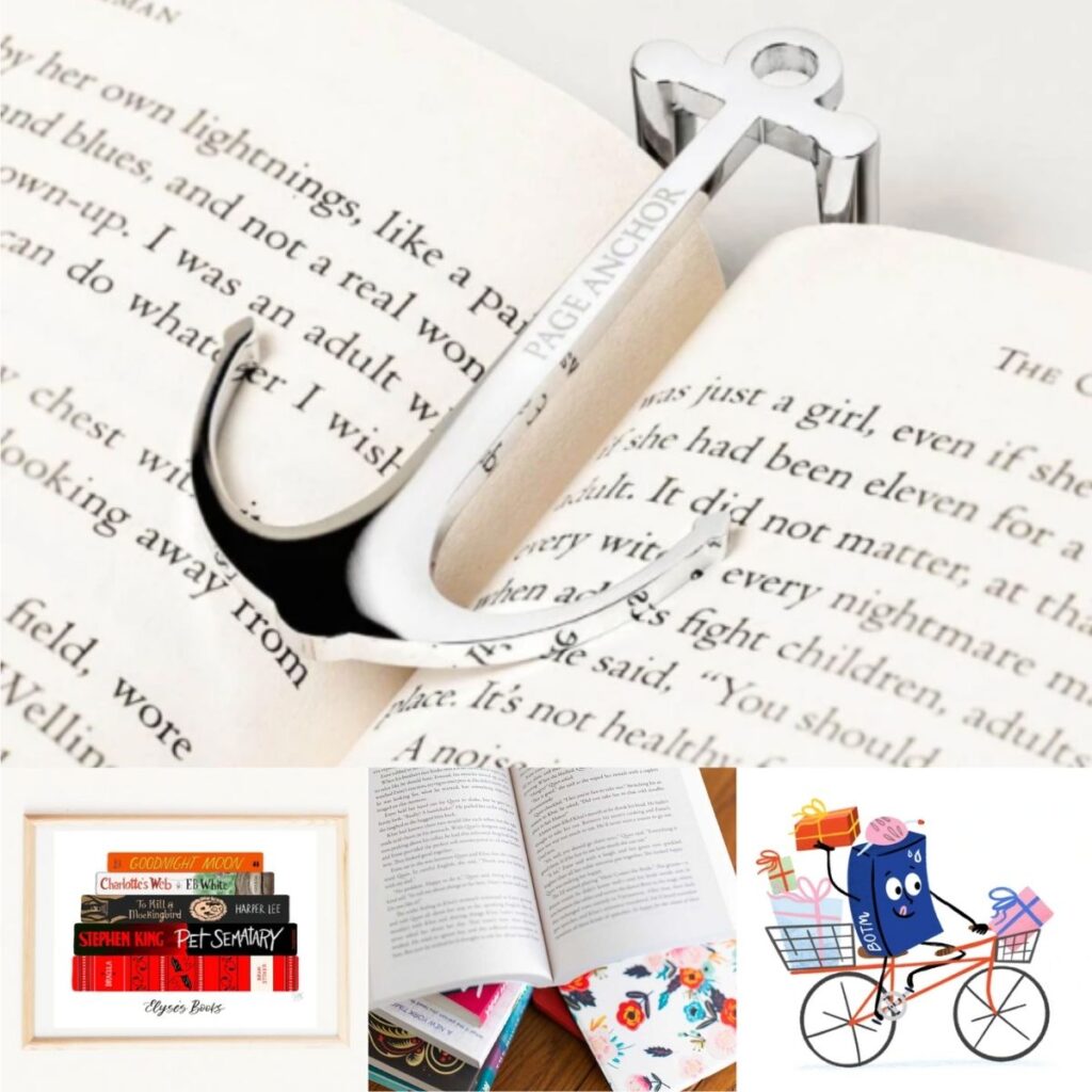 The photo collage shows several fun gift ideas for book lovers.