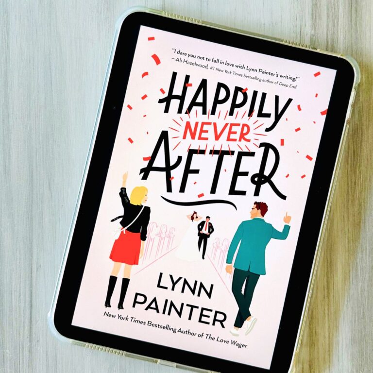 The cover of the book Happily Never After by Lynn Painter is on the screen of an iPad.