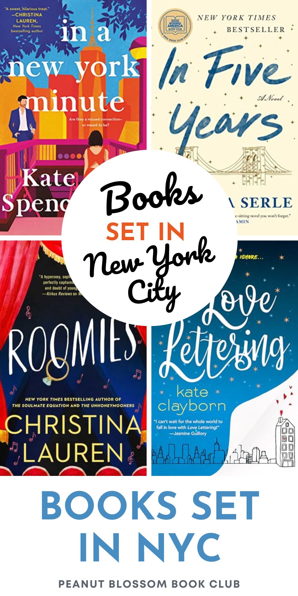 The photo collage shows four book covers about New York.