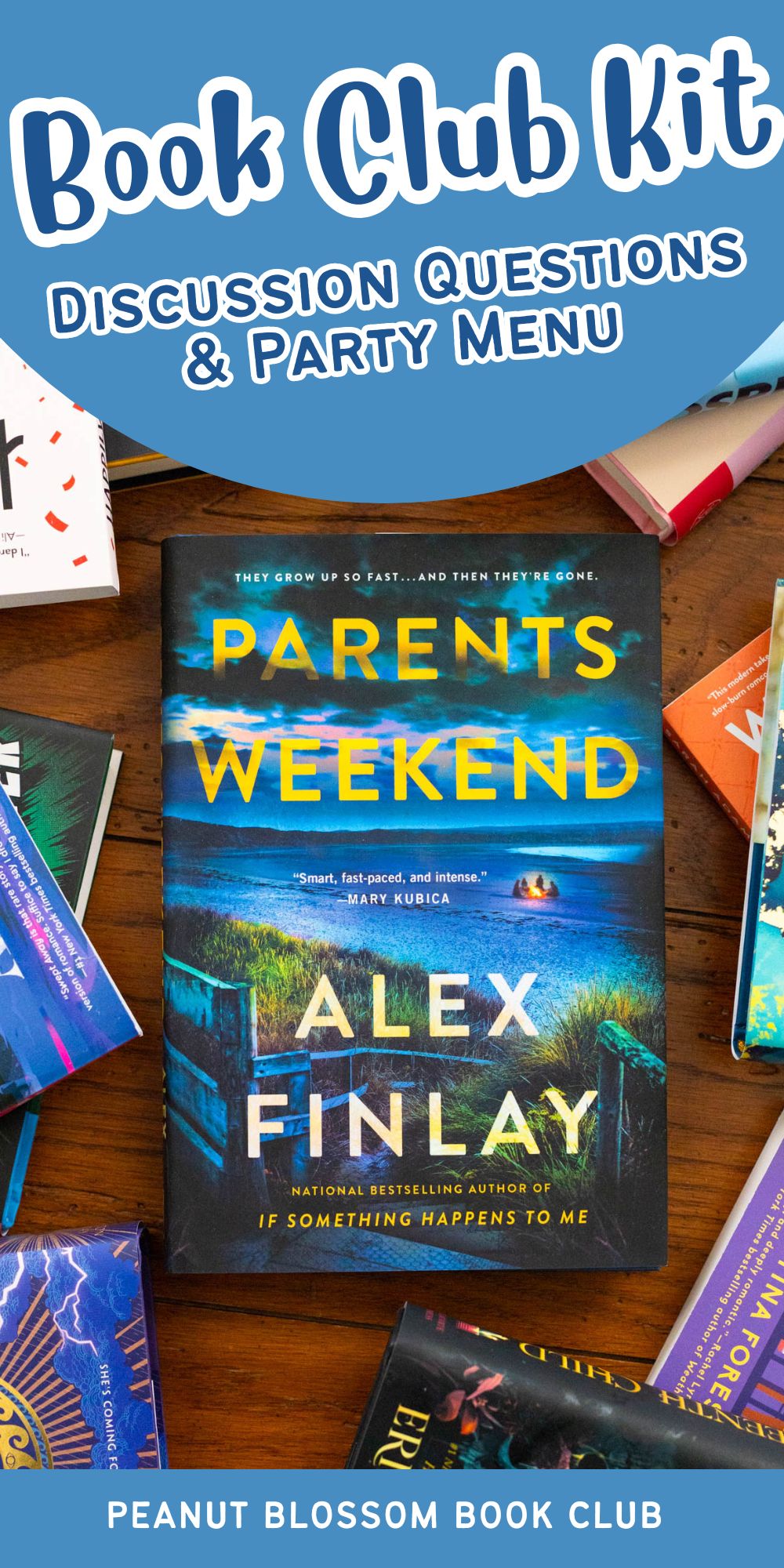 A copy of Parents Weekend by Alex Finlay sits on the table.