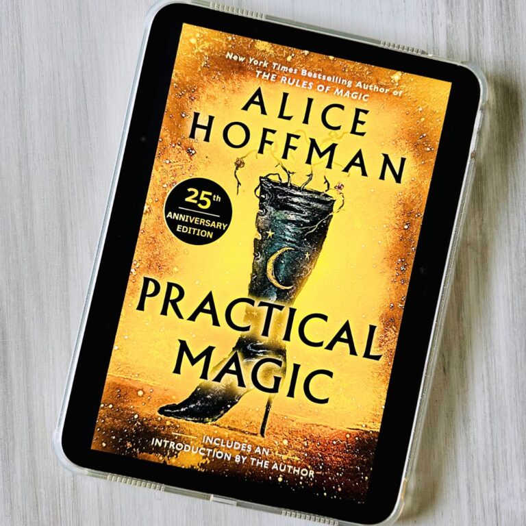 The book cover for Practical Magic by Alice Hoffman is on the screen of an iPad.