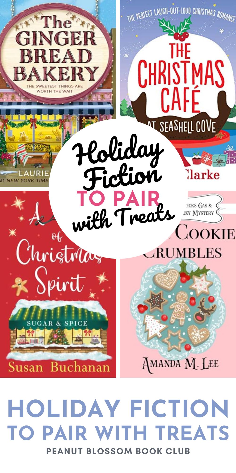 The photo collage shows four book covers about Holiday Baking