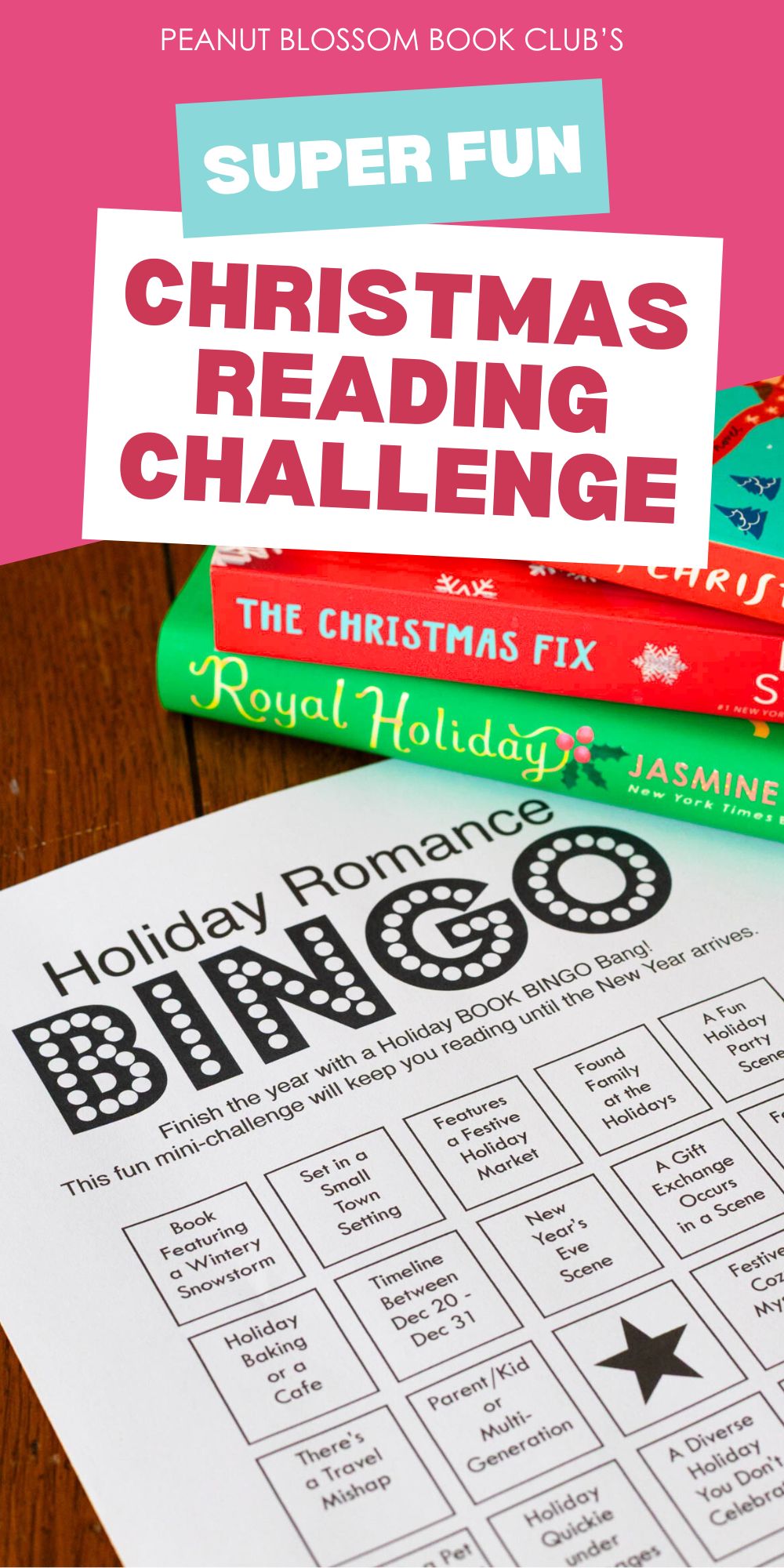 A Christmas reading challenge bingo card sits in front of a stack of holiday books.