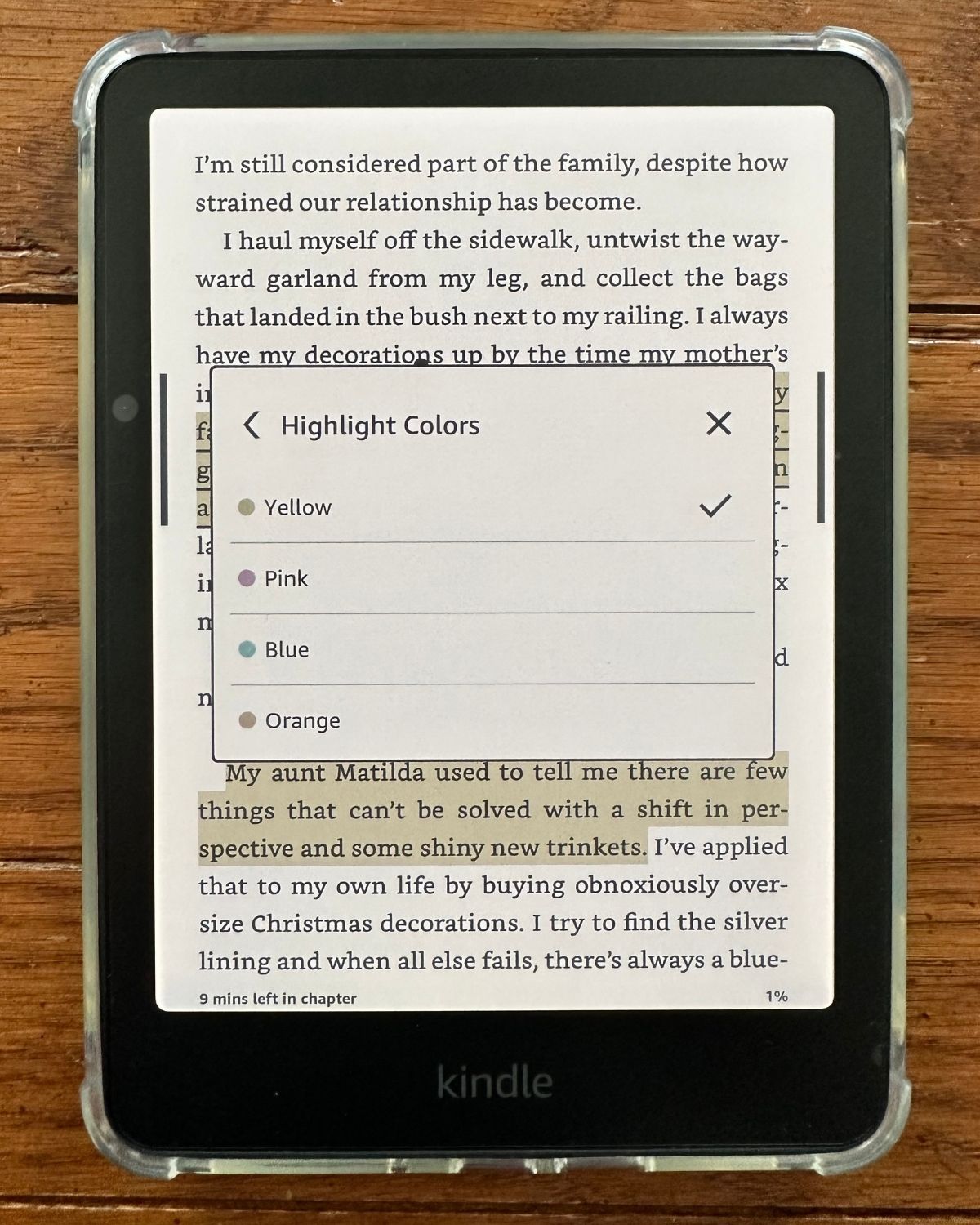 The highlight options of the Kindle Colorsoft.