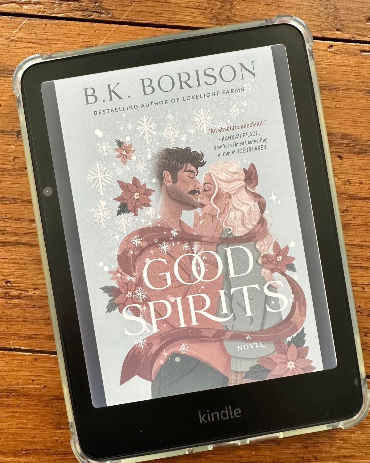 The full color book cover of Good Spirits is on the screen of the Kindle Colorsoft.