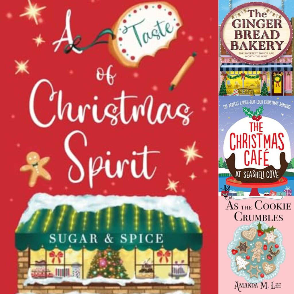 The photo collage shows four book covers about Holiday Baking