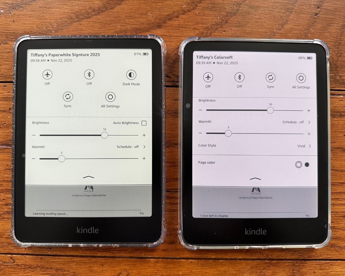 The brightness settings screen is available on both the Colorsoft and Paperwhite to show the differences.