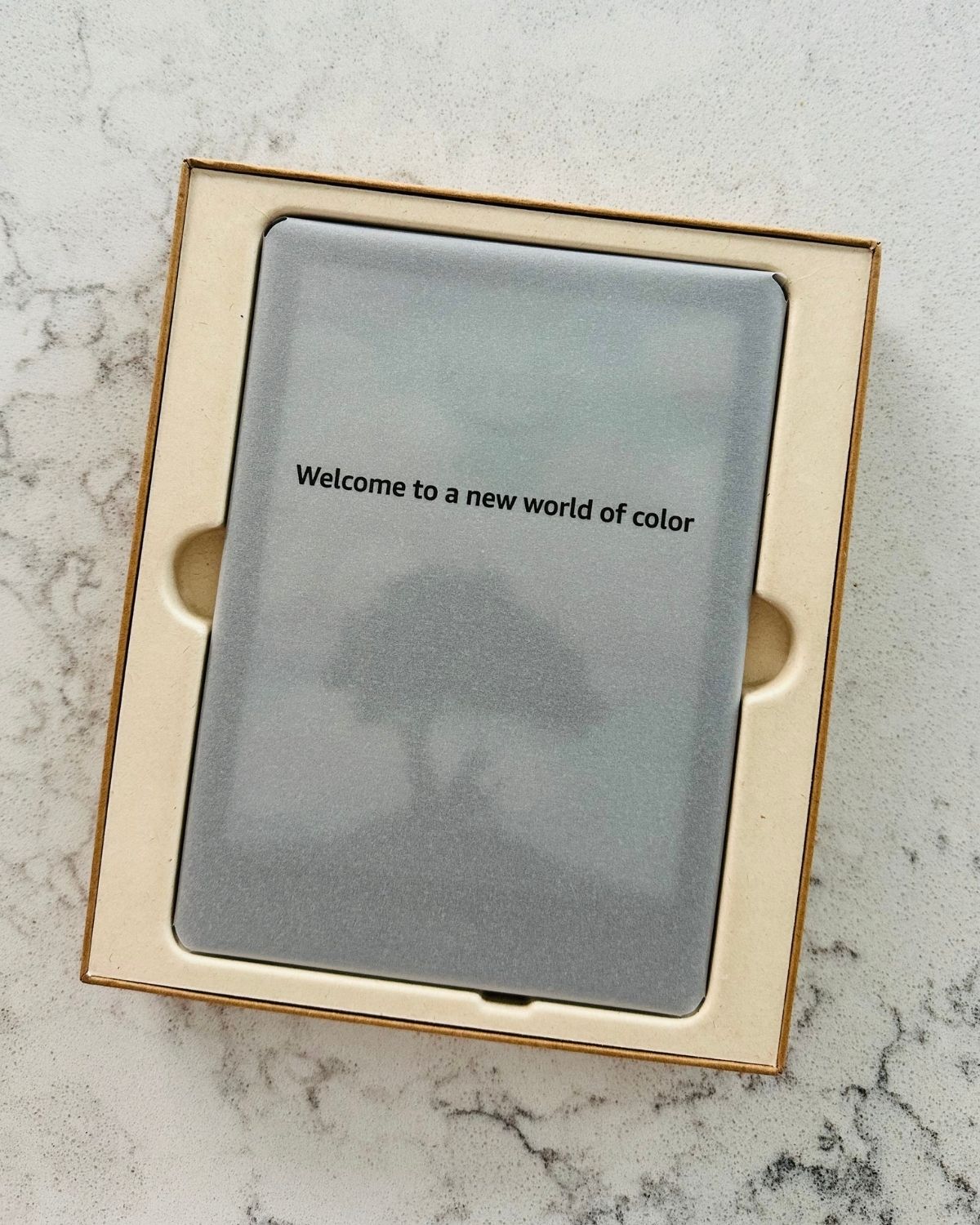The Kindle box has the wrapped colorsoft resting inside.