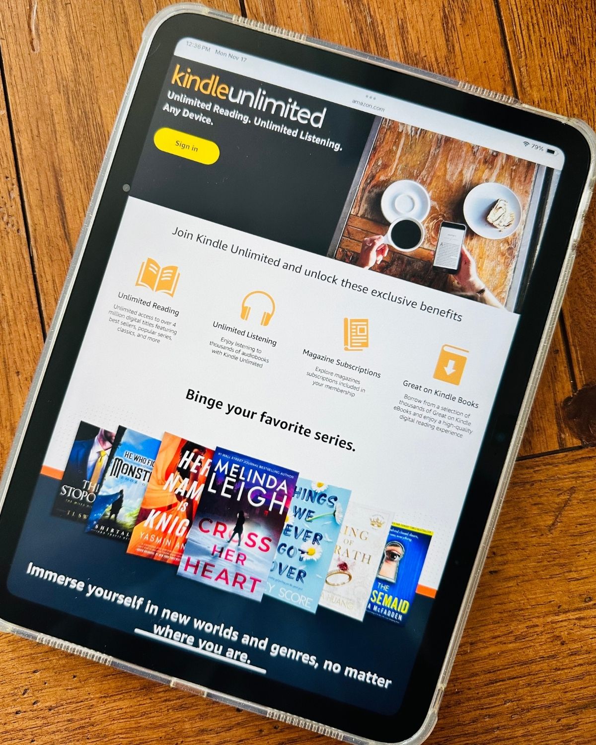 The Kindle Unlimited hub is on the screen of the ipad.