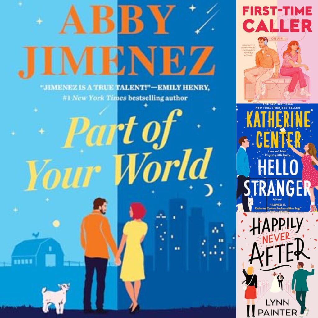 The photo collage shows 4 fun, light-hearted books to read for book club.