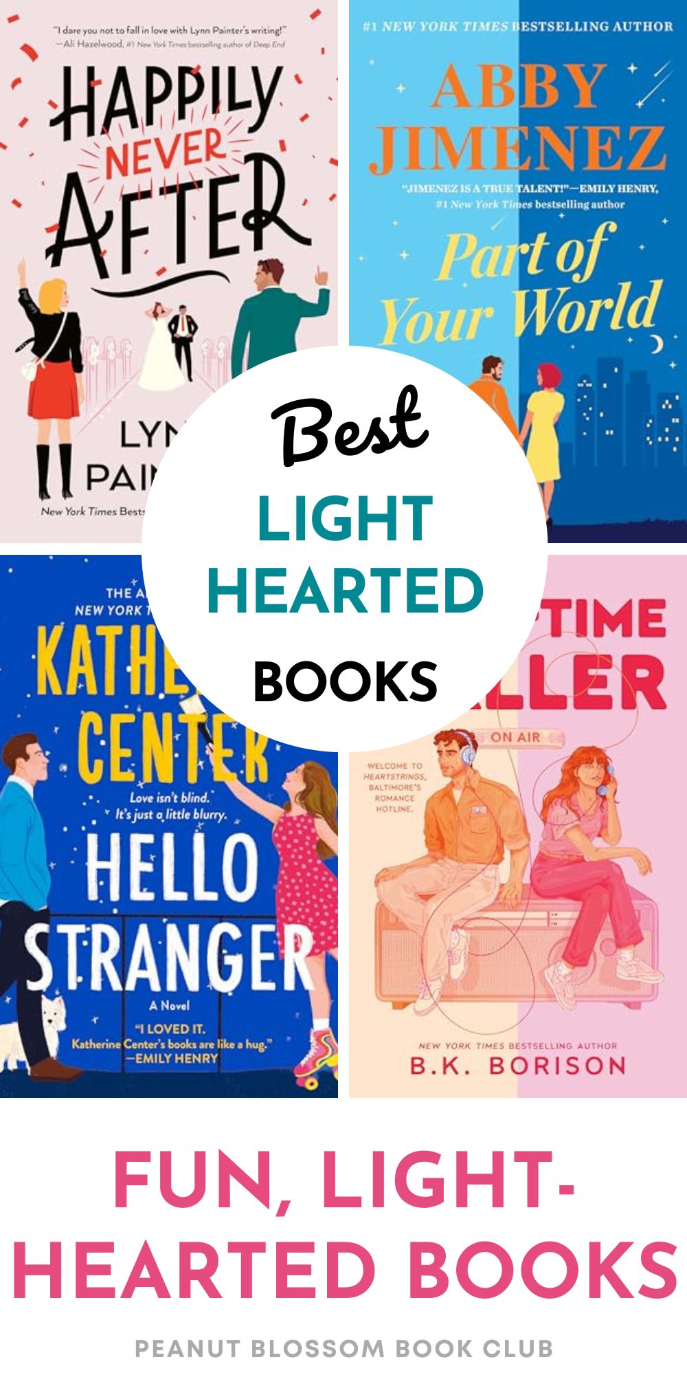 The photo collage shows 4 fun, light-hearted books to read for book club.